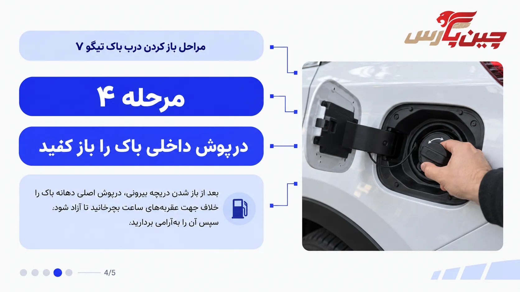 باز کردن درپوش داخلی باک تیگو 7 با چرخاندن خلاف جهت عقربه های ساعت