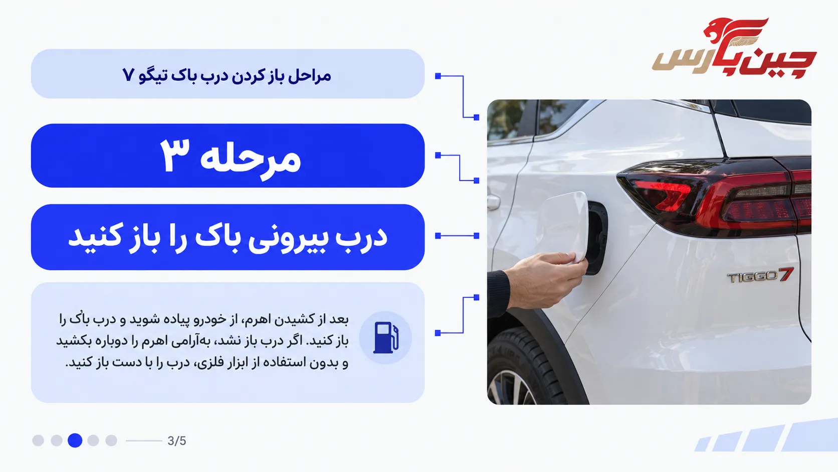 باز کردن درب بیرونی باک تیگو 7 پس از کشیدن اهرم بازکن
